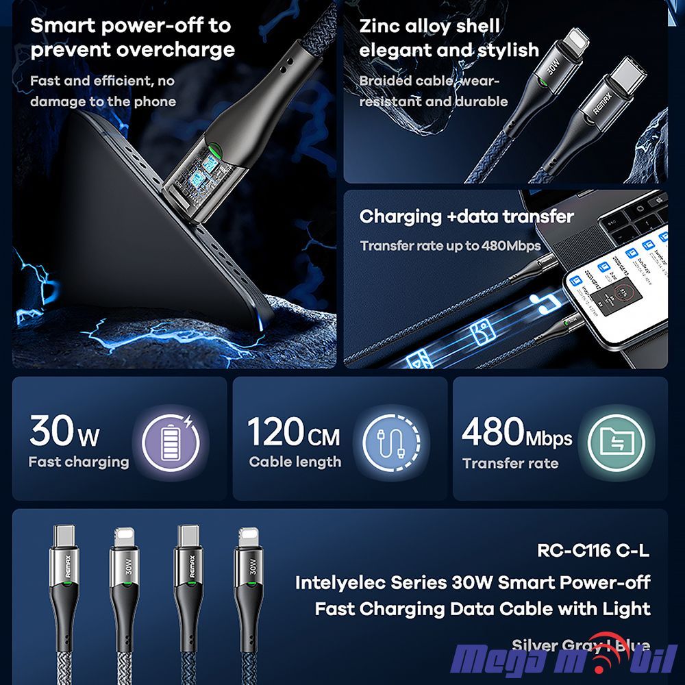 Data Kabel iPhone PD REMAX Intelyelec RC-C116 30W Fast blue